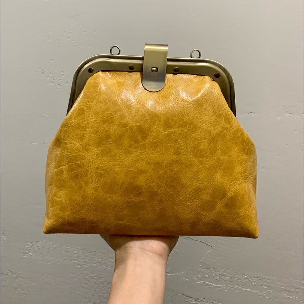 Unique Distressed Leather Handmade Rivet frame Push Lock Purse, Multi Use Style. - Picture 7 of 15